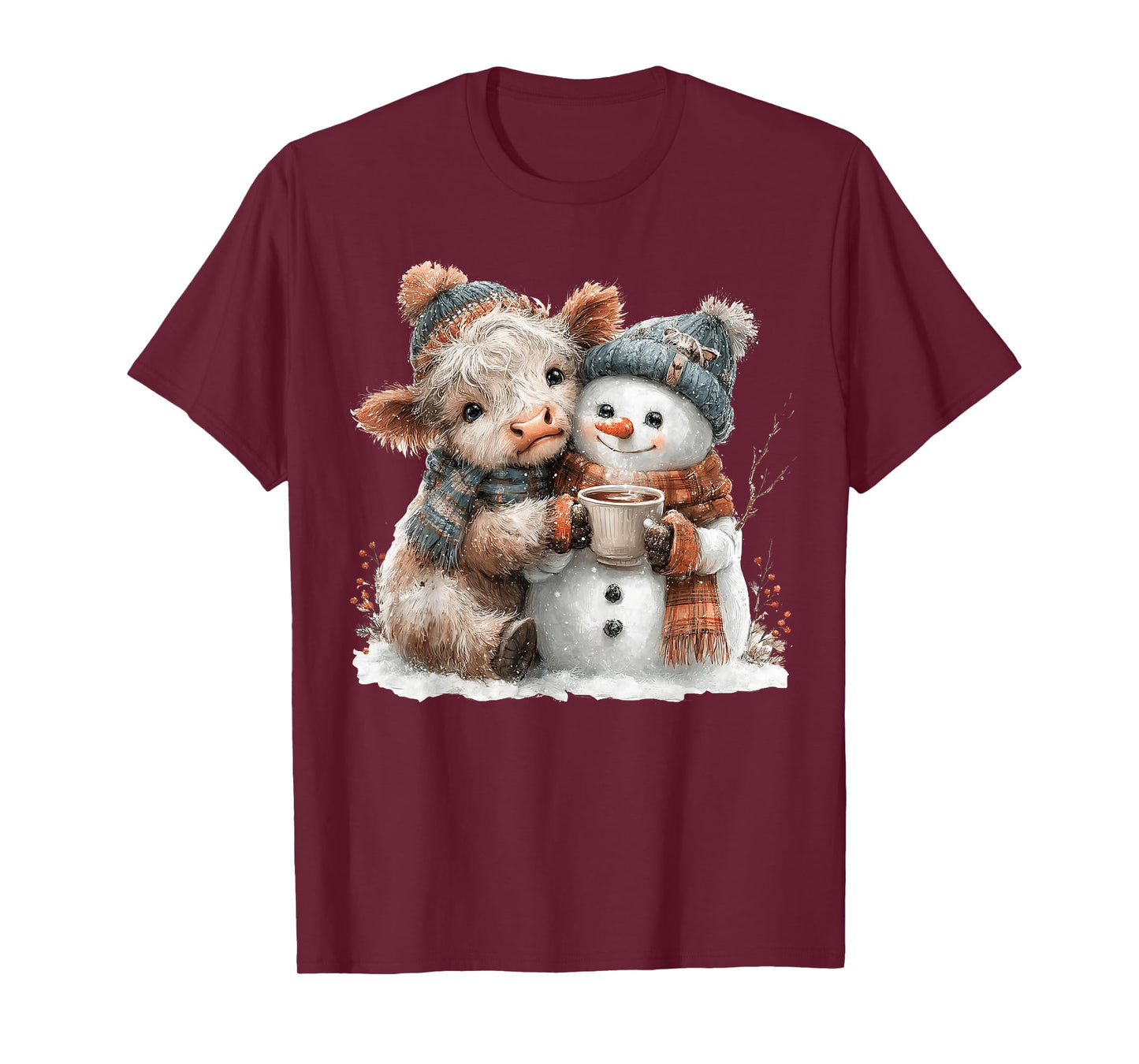Highland Cow Hugging Snowman Drink Coffee Winter Christmas T-Shirt