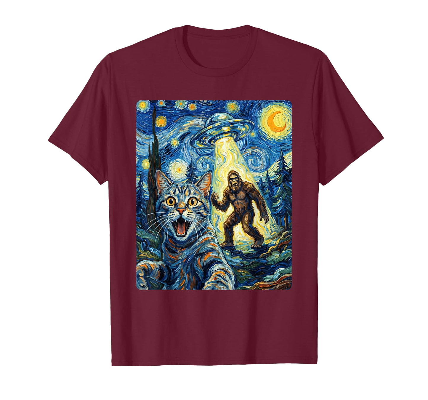 Cat Selfie with Bigfoot & UFO | Funny Sasquatch Cat Van Gogh T-Shirt
