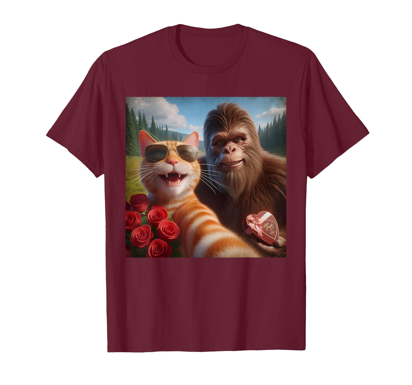 Funny Valentine Cat and Bigfoot Selfie Meme T-Shirt
