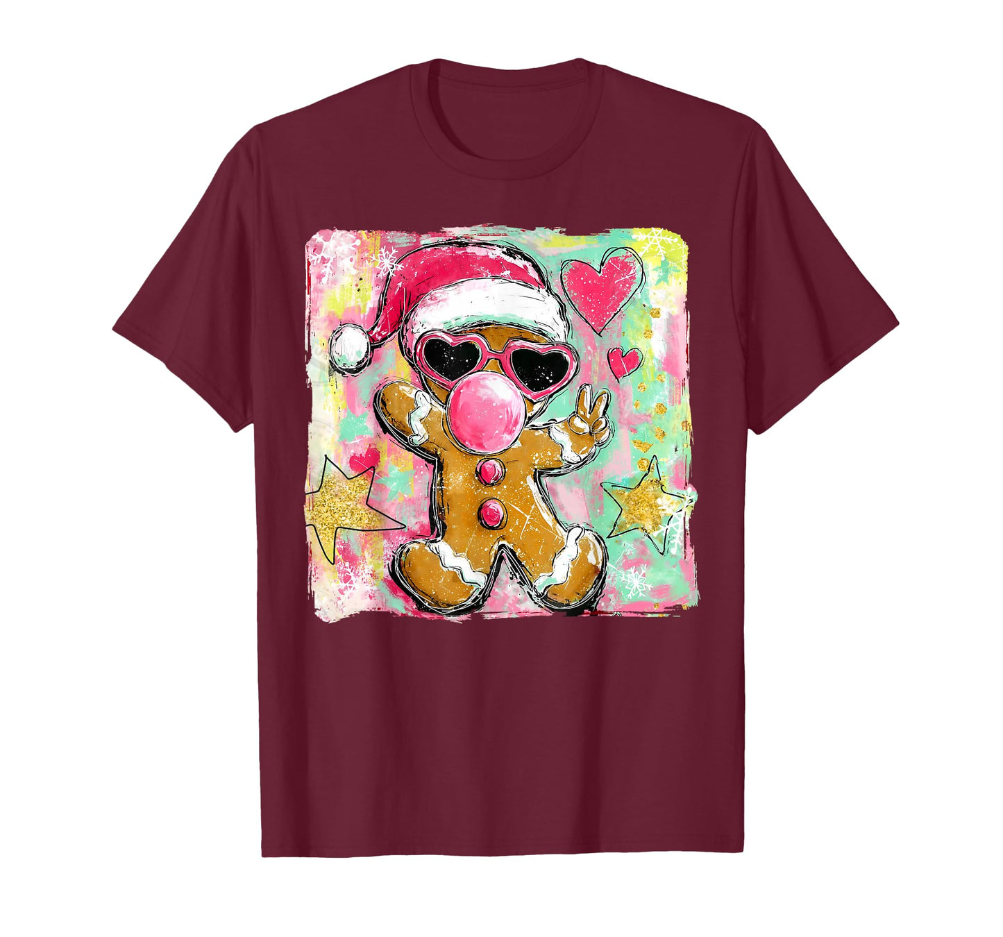 Retro Gingerbread Blowing Bubble Gum Sunglasses Christmas T-Shirt
