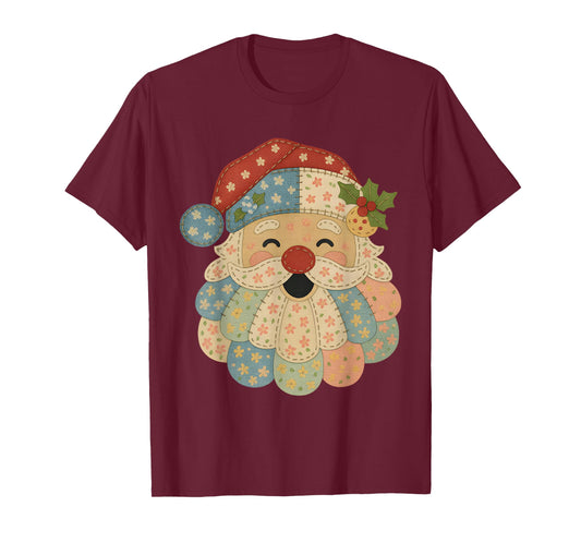 Pastel Patchwork Santa Vintage Quilt Christmas Tee T-Shirt