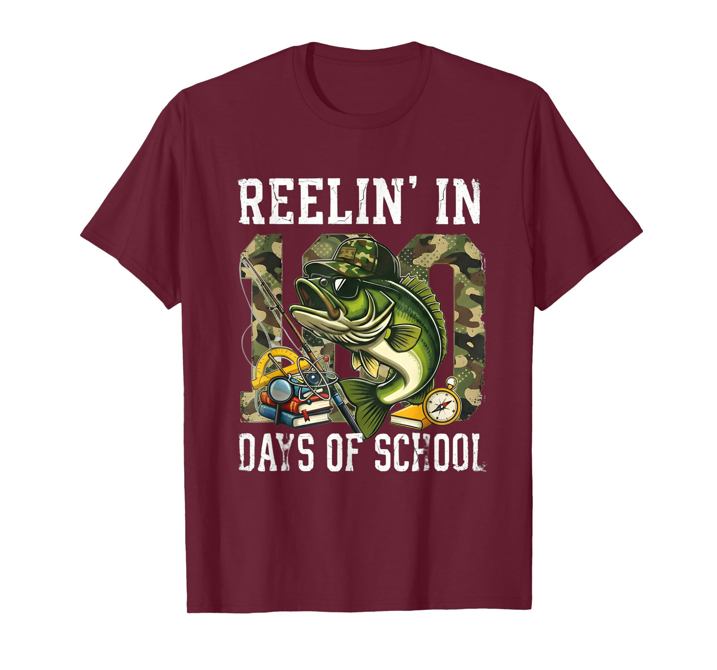 Reelin' in 100 Days of School Bass Camo Fishing Lover Boys T-Shirt