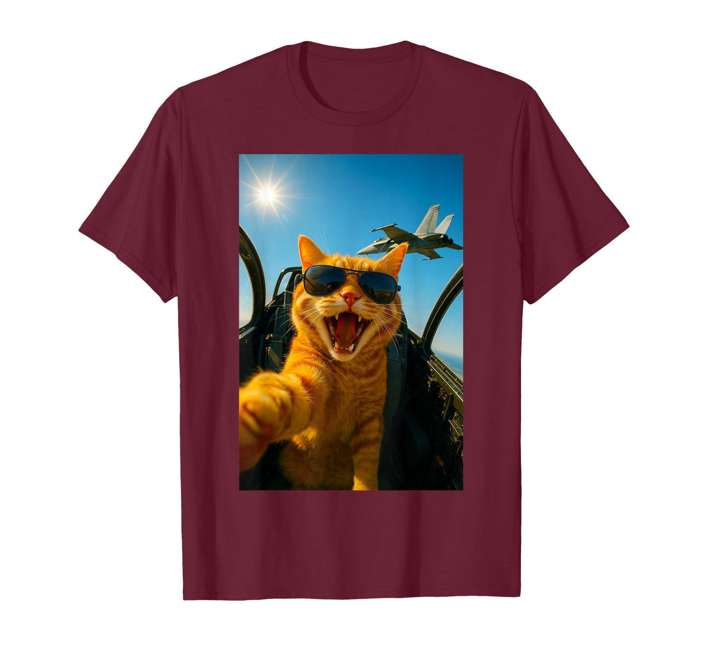 Funny Fighter Jet Cat Selfie Cool Sunglasses Aviation Humor T-Shirt