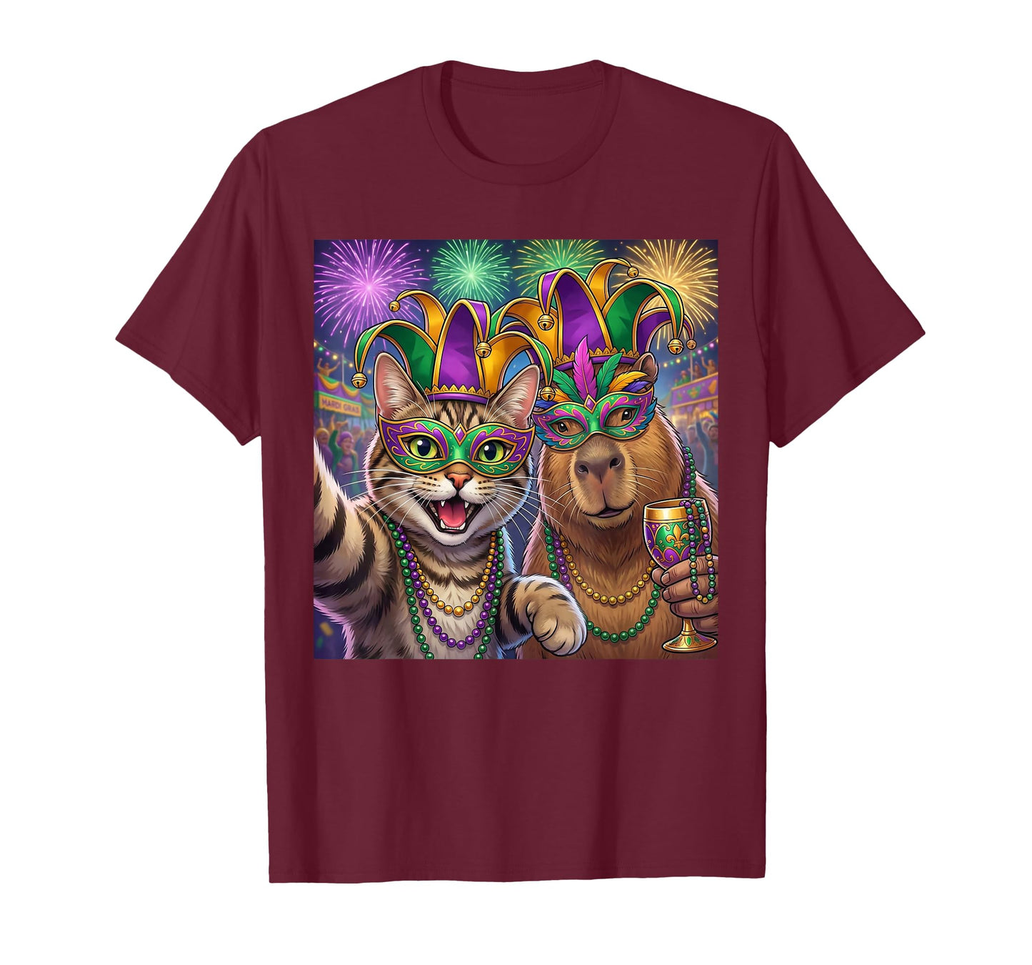 Funny Cat Capybara Selfie Mardi Gras Carnival Party Art T-Shirt