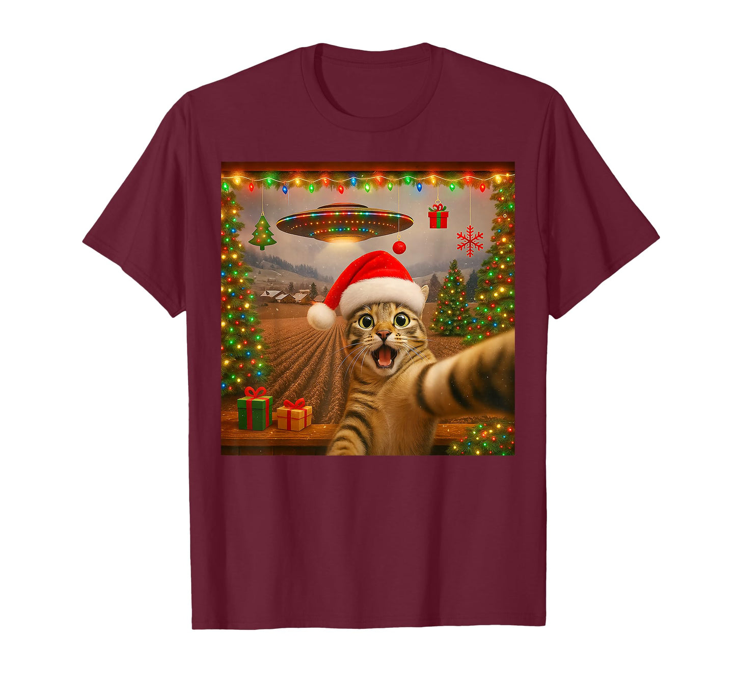 Funny Cat Selfie with Alien UFO Christmas Lights Santa Hat T-Shirt