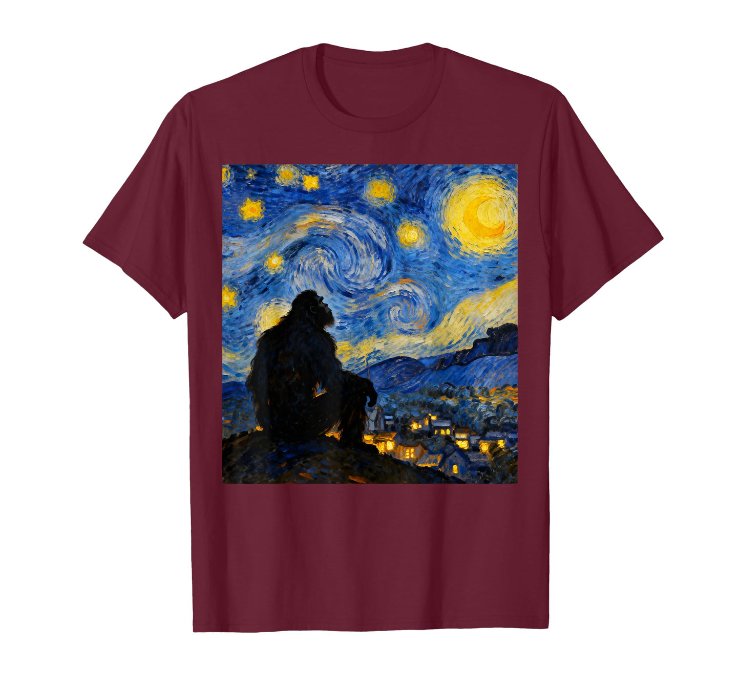 Funny Bigfoot Graphic Van Gogh Style Sasquatch Starry Night T-Shirt