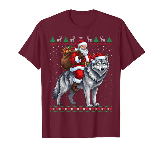 Santa Riding a Wolf Christmas Funny Ugly Sweater T-Shirt