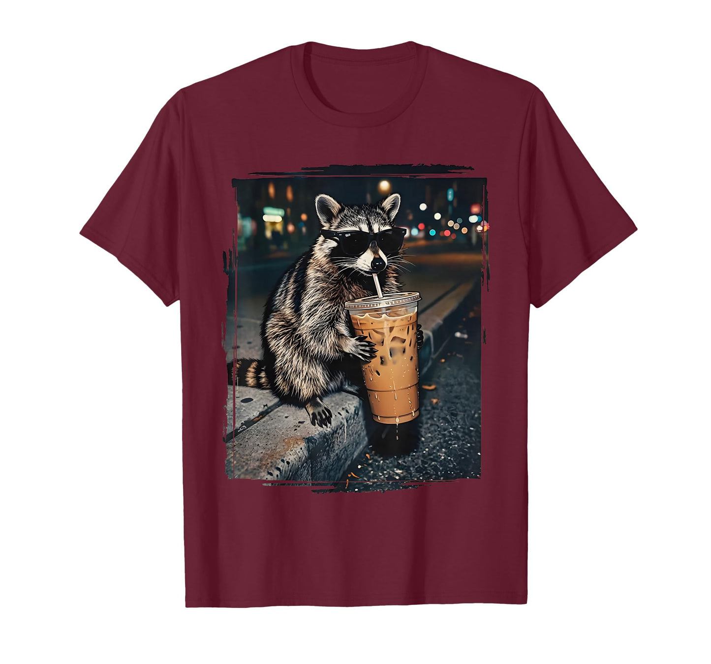 Feral for Iced Coffee Funny Cool Raccoon Drinking Sunglasses T-Shirt