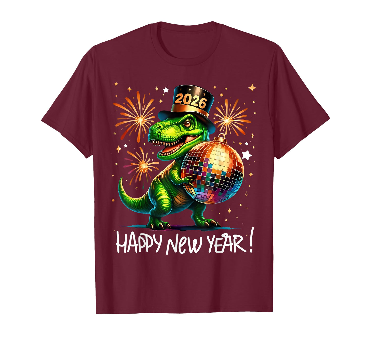 T Rex Happy New Year 2026 Disco Ball Fireworks Tee T-Shirt