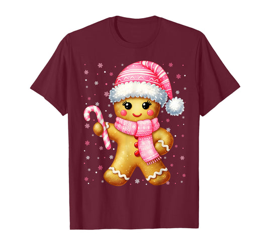 Cute Gingerbread Pink Candy Cane Christmas Xmas Girl Women T-Shirt