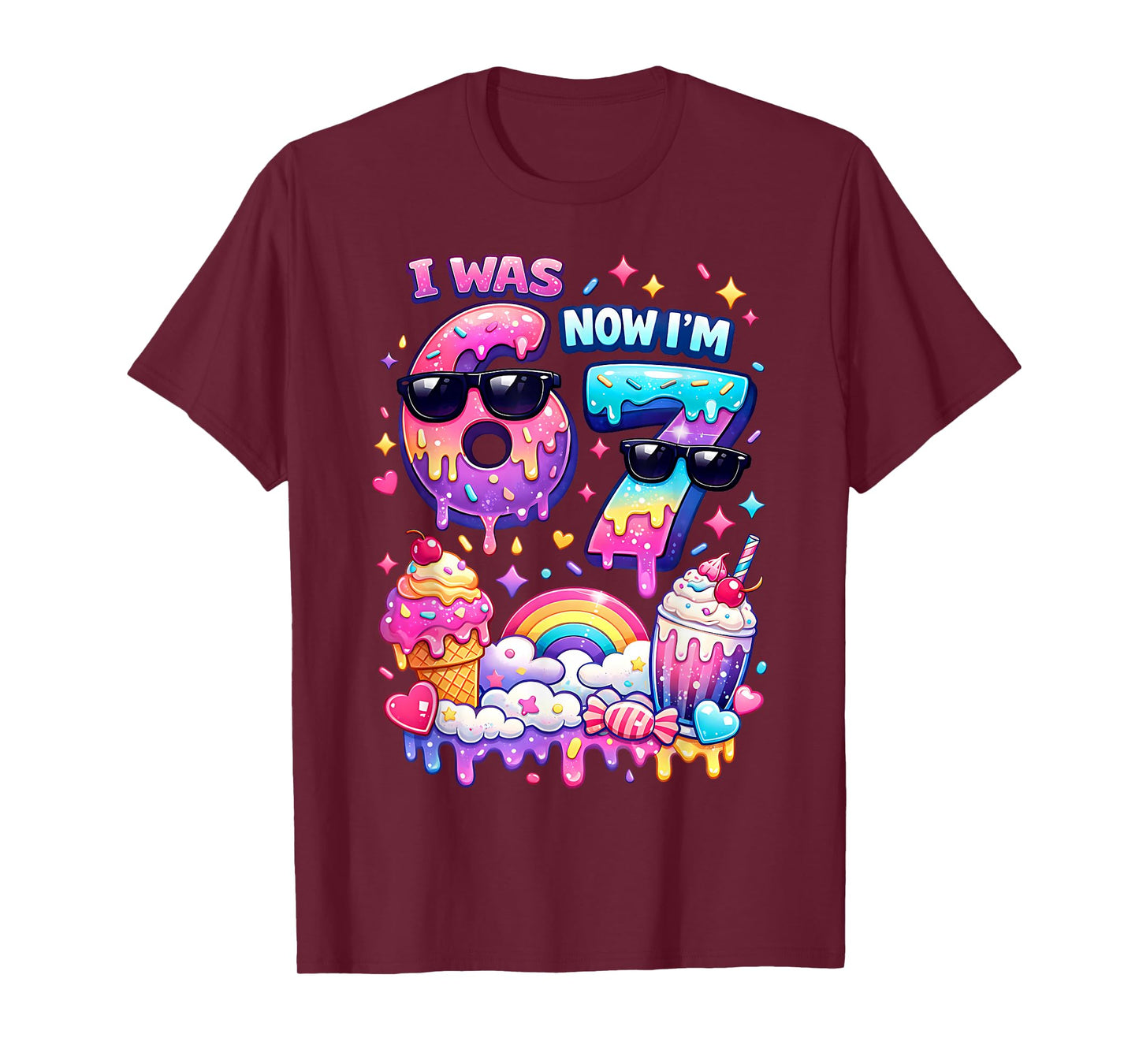 I was 6 Now I'm 7 Ice Cream Dripping 67 Meme Kids Birthday T-Shirt