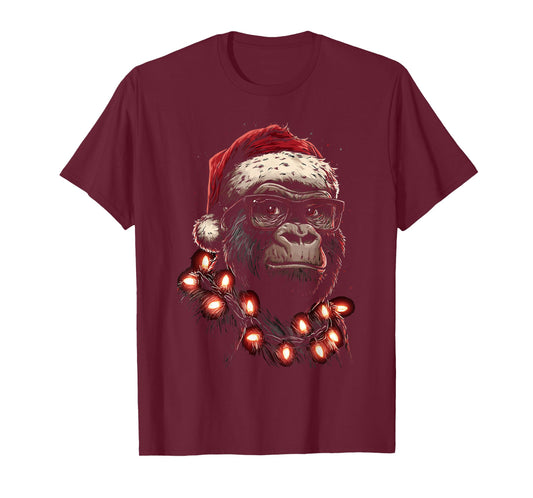 Cute Christmas Gorilla with Glasses Santa Hat Festive Animal T-Shirt