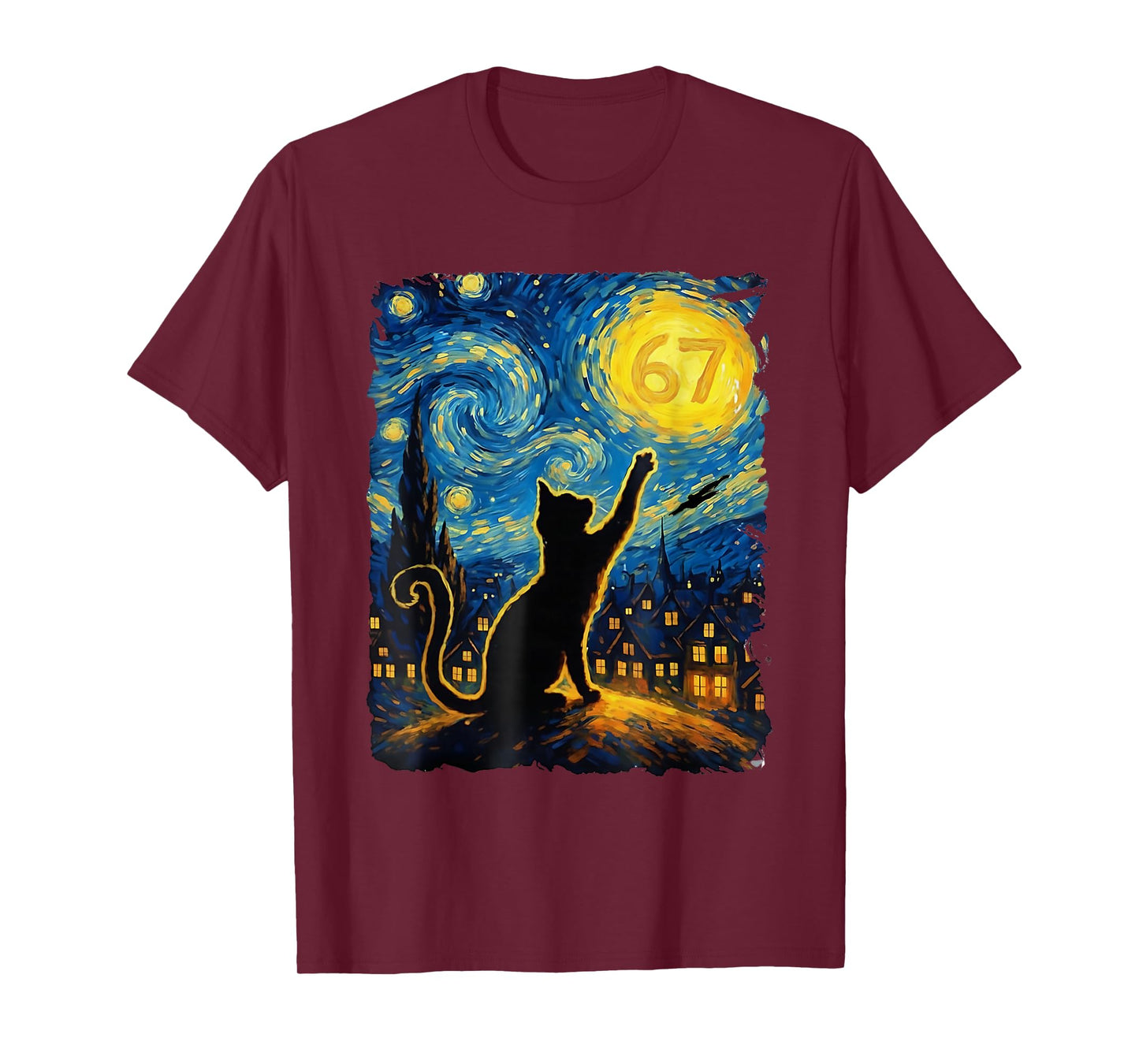Funny Six Seven 6 7 Meme Starry Night Van Gogh Black Cat T-Shirt