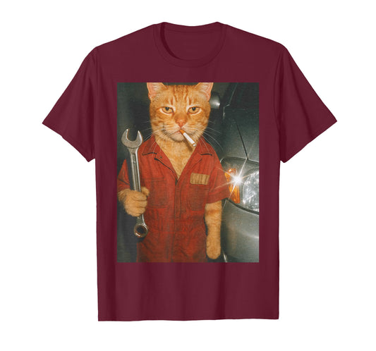 Funny Cat Mechanic Smoking Car Garage Kitty Meme Gen Z Dad T-Shirt