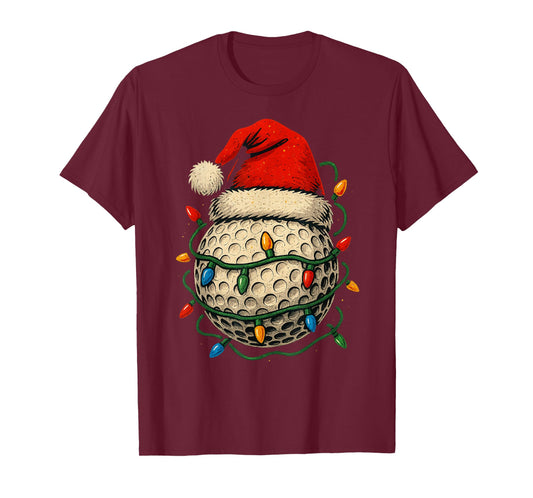 Golf Ball Santa Hat Womens Christmas Golfing Xmas Lights T-Shirt