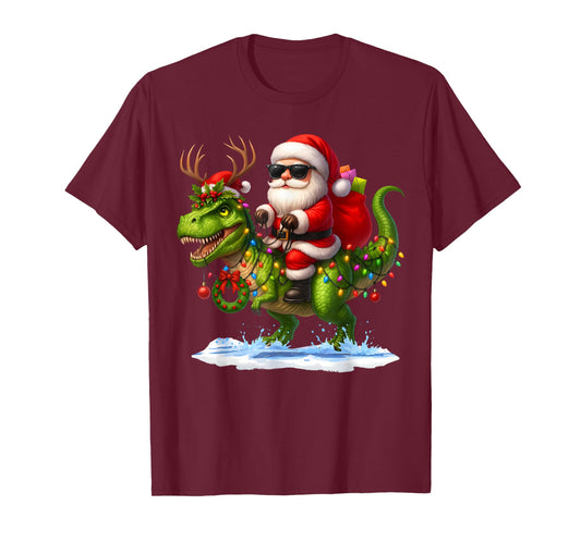 Santa Riding Dinosaur T Rex Christmas Boys Men Xmas Squad T-Shirt