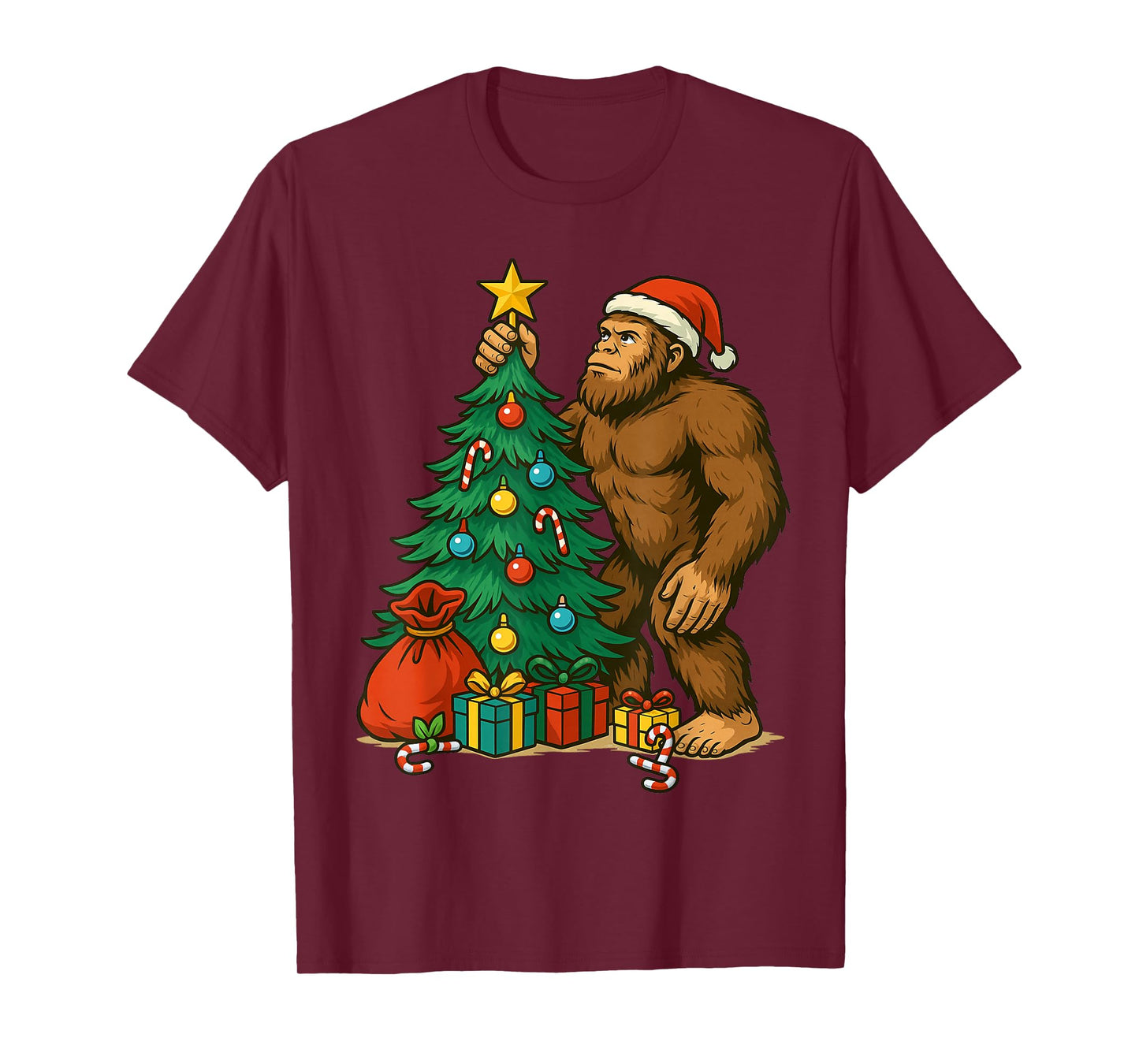Santa Bigfoot Christmas Tree Lights Xmas Boys Men Sasquatch T-Shirt