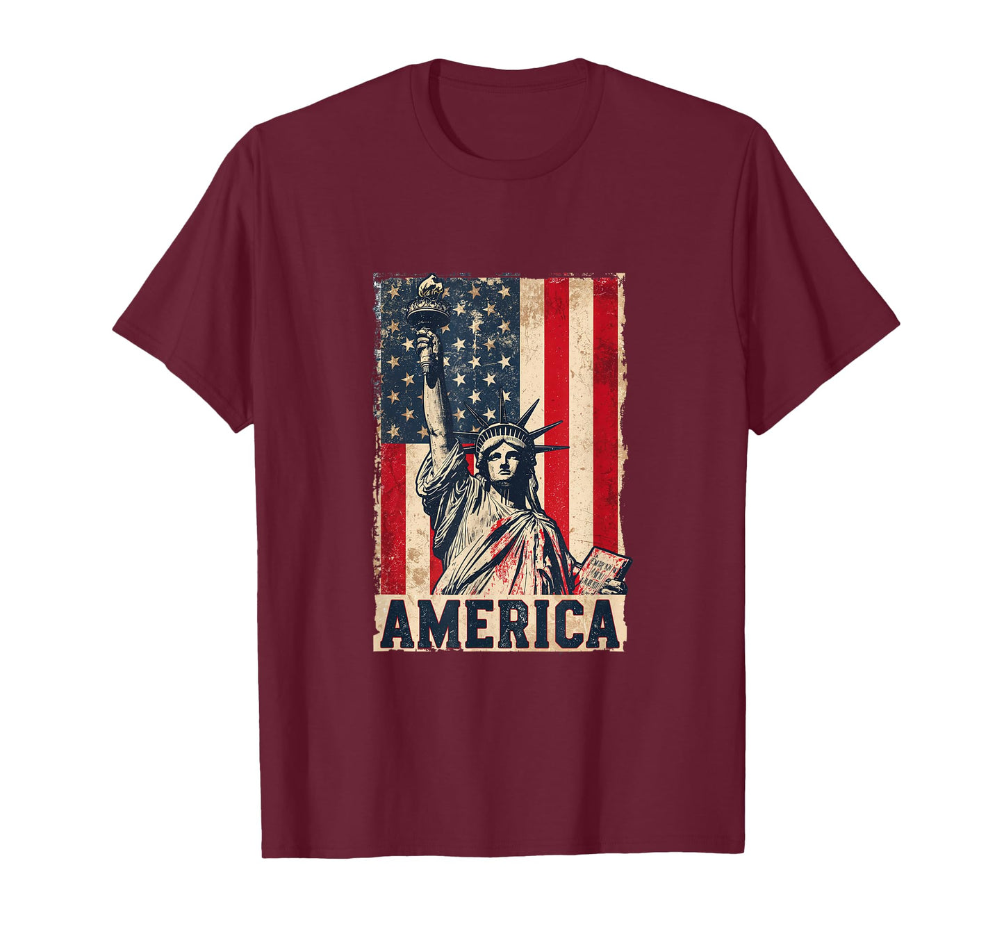 America Flag with Statue of Liberty Vintage Art T-Shirt