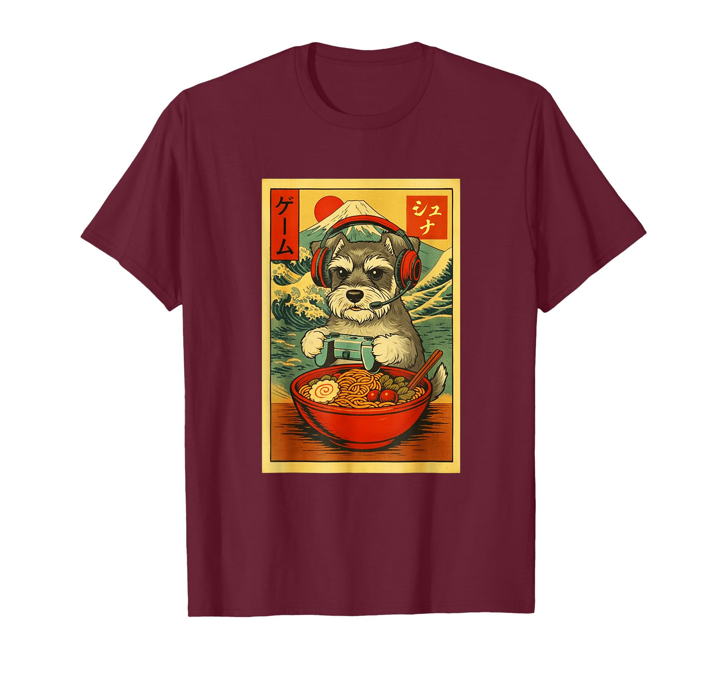 Schnauzer Dog Gaming Ramen Japanese Ukiyo-e Great Wave Retro T-Shirt