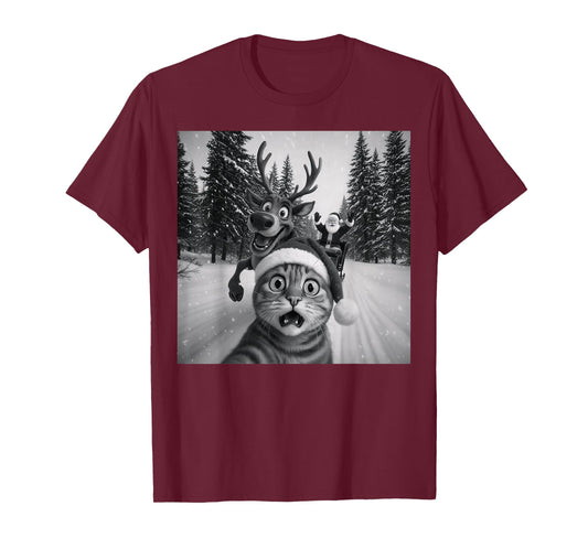 Funny Reindeer Selfie Christmas Cat Lover Funny Cat Selfie T-Shirt