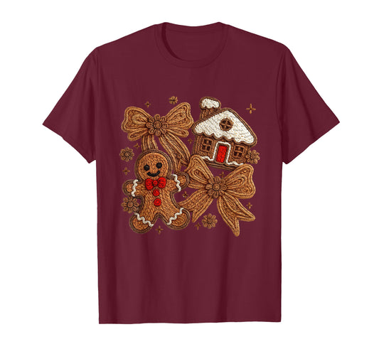 Gingerbread Man Christmas Cookie Baking Faux Embroidery Yarn T-Shirt