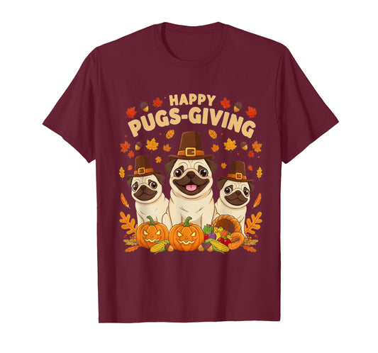 Happy Pugsgiving Cute Thanksgiving Pug Dog Wears Pilgrim Hat T-Shirt
