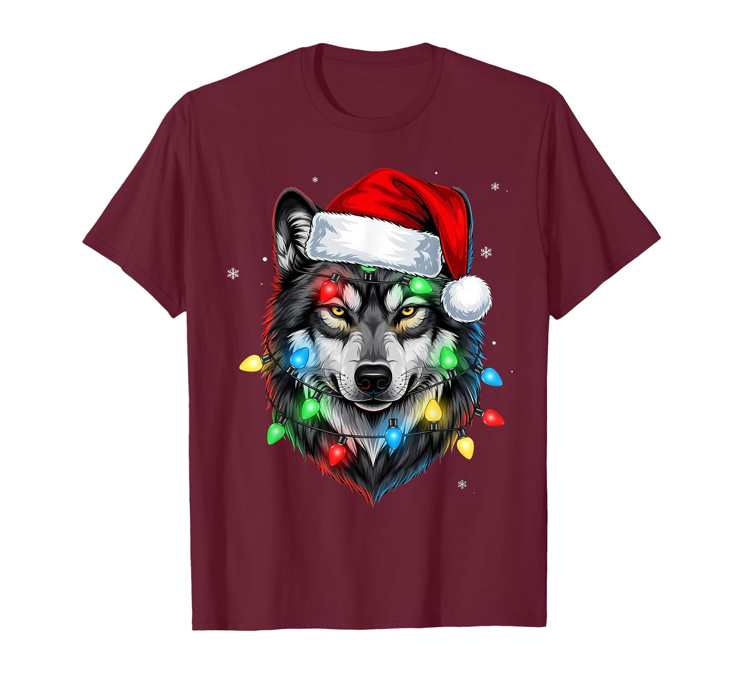 Christmas Lights Wolf Santa Hat Cute Xmas Pajamas T-Shirt