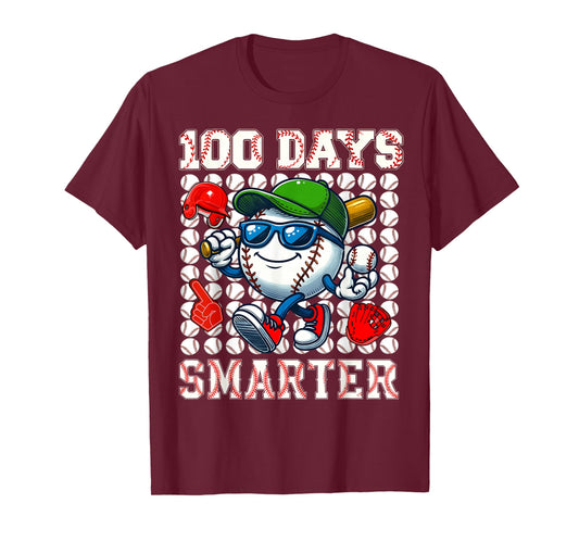 100 Days Smarter Baseball 100 Days of School Boy Girl Kid T-Shirt