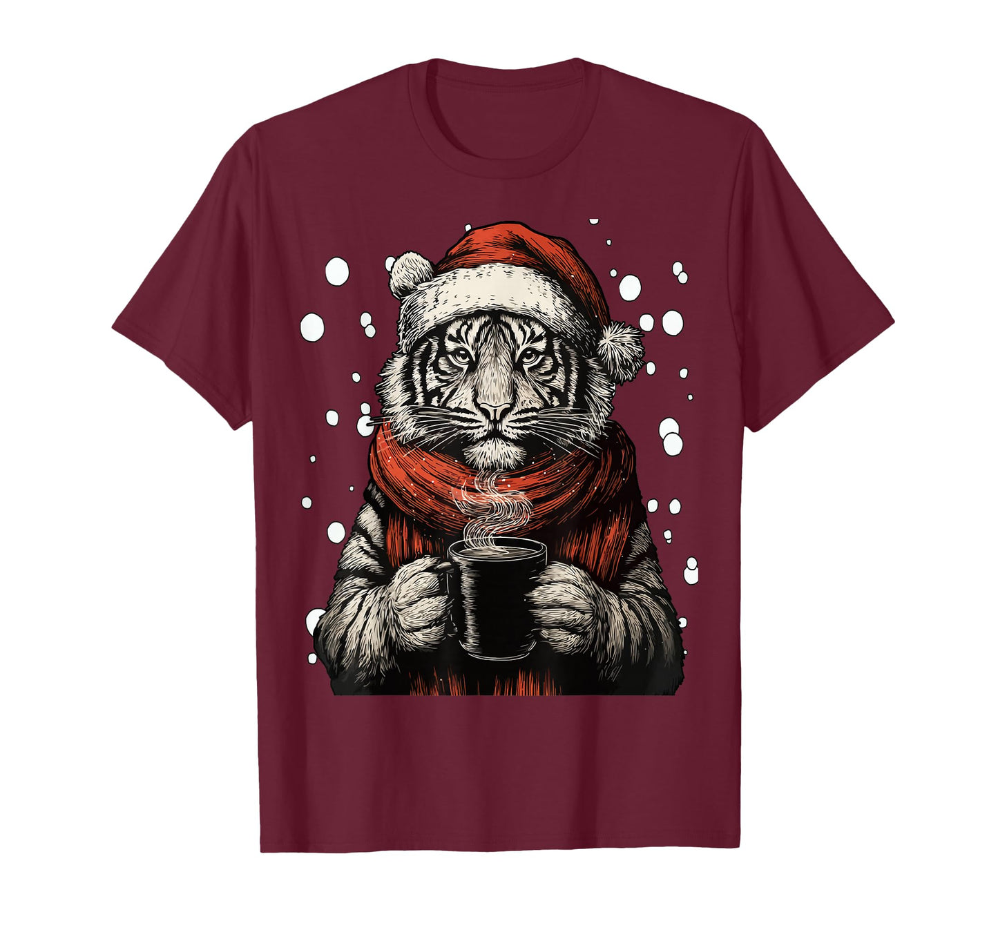 Christmas Tiger with Santa Hat Coffee Lover Funny Winter T-Shirt