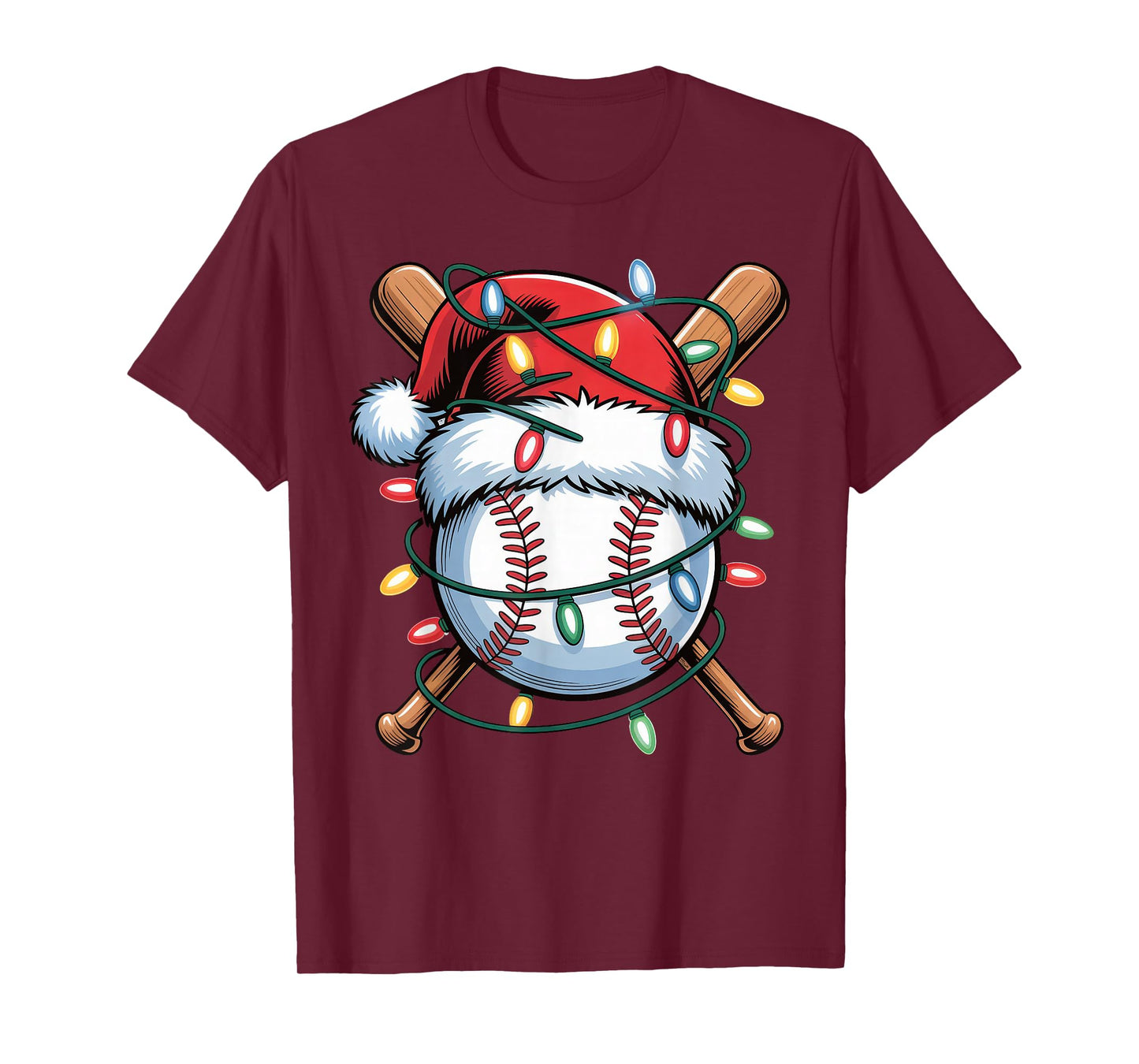 Baseball Christmas Lights Men Boys Youth Santa Sports T-Shirt
