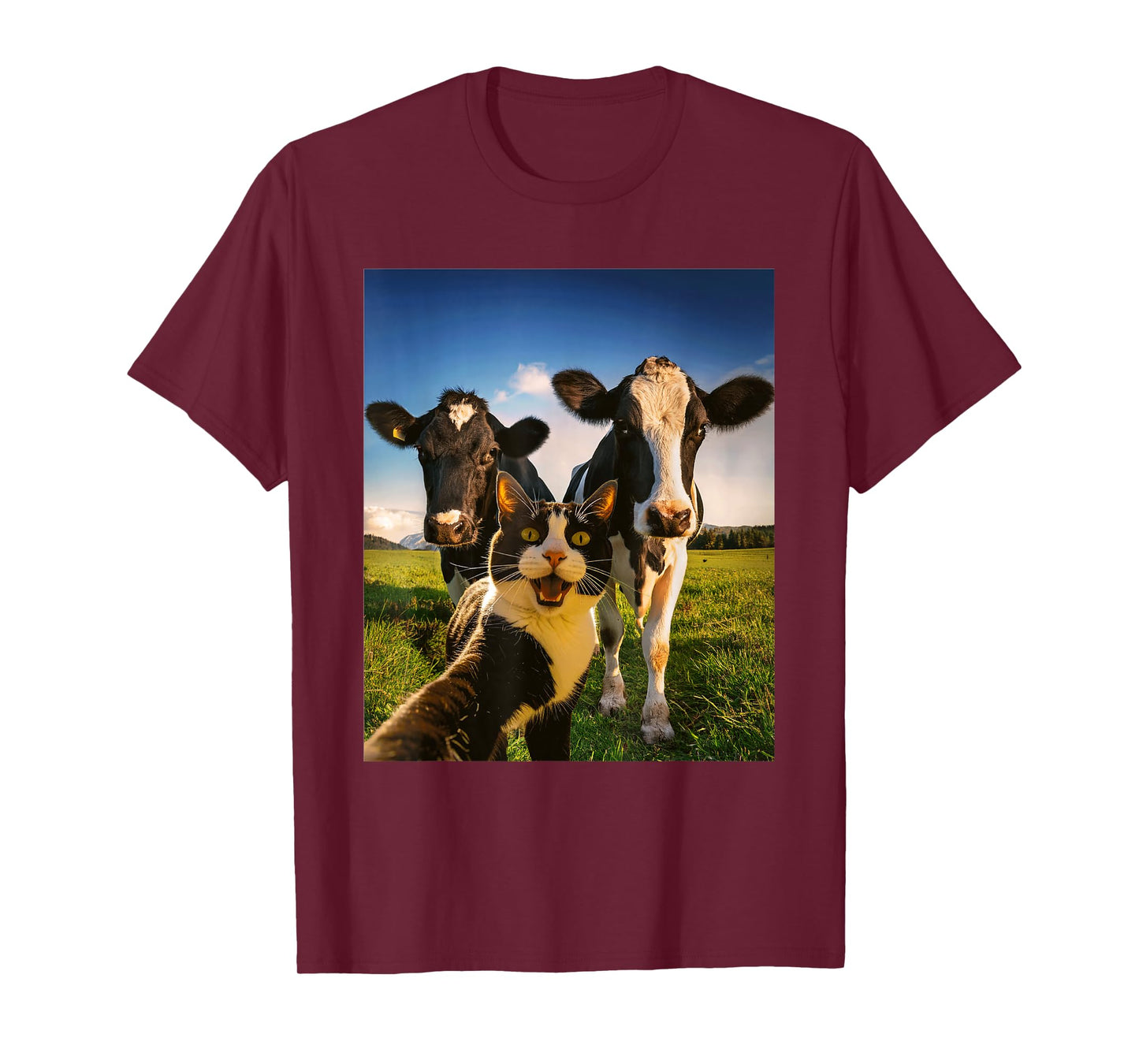 Funny Tuxedo Cat Selfie with Cows Farm Field Animal T-Shirt