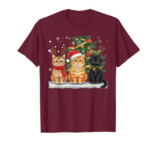 Cats Christmas Tree Lights Reindeer Cat Lover Santa Xmas T-Shirt