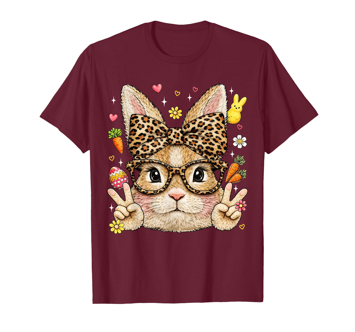 Cute Bunny Rabbit Face Leopard Coquette Bow Glasses Girl Kid T-Shirt