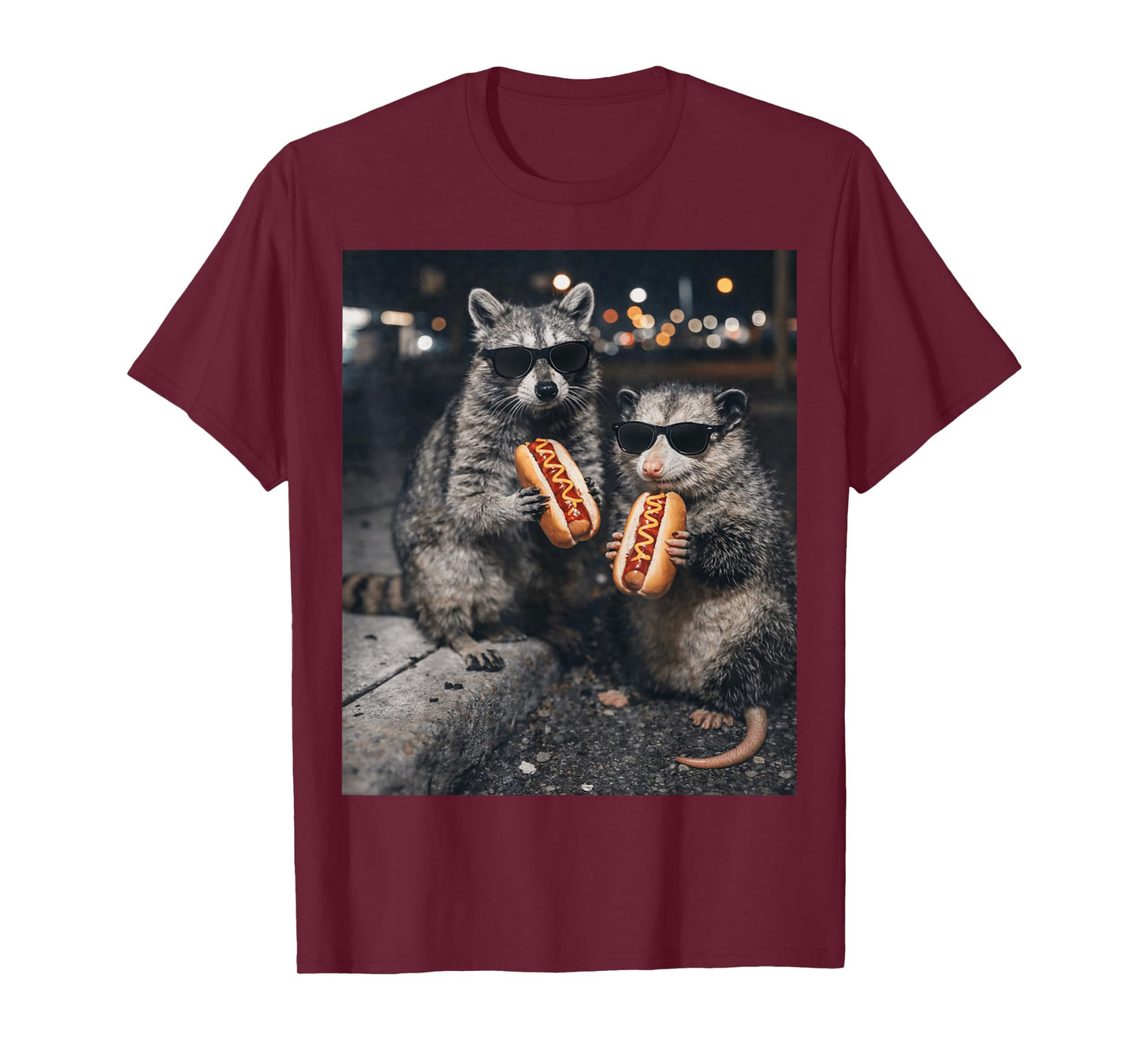 Funny Raccoon and Opossum Eating Hotdogs. Raccoon Lover T-Shirt