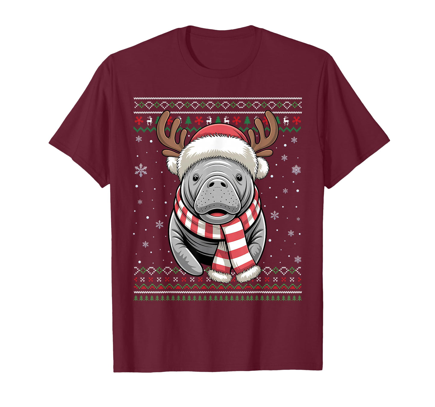 Santa Reindeer Christmas Manatee Sea Animal Funny Ugly Xmas T-Shirt