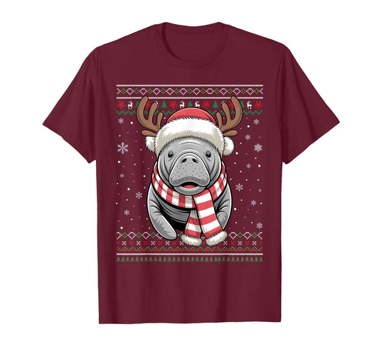 Santa Reindeer Christmas Manatee Sea Animal Funny Ugly Xmas T-Shirt