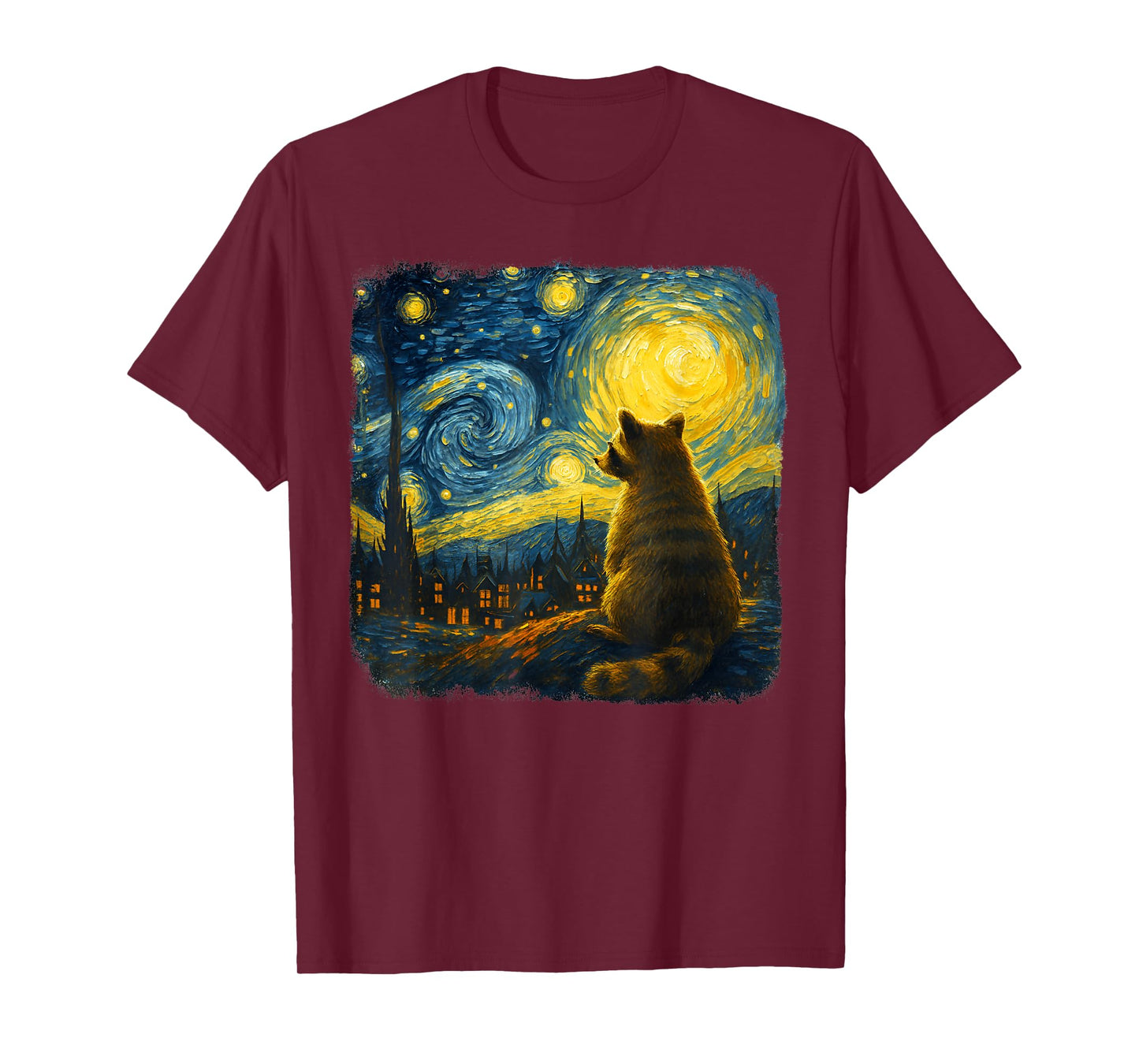 Raccoon Watching Starry Night Sky Moon Artistic Scene Animal T-Shirt
