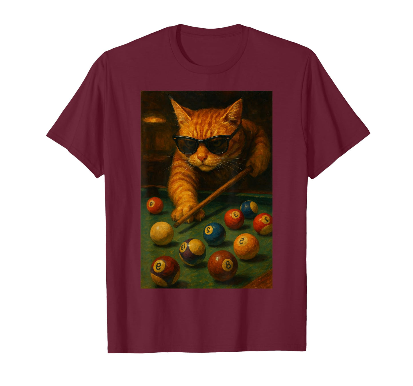 Cat Playing Pool Sunglasses Billiards Cool Art Illustration T-Shirt