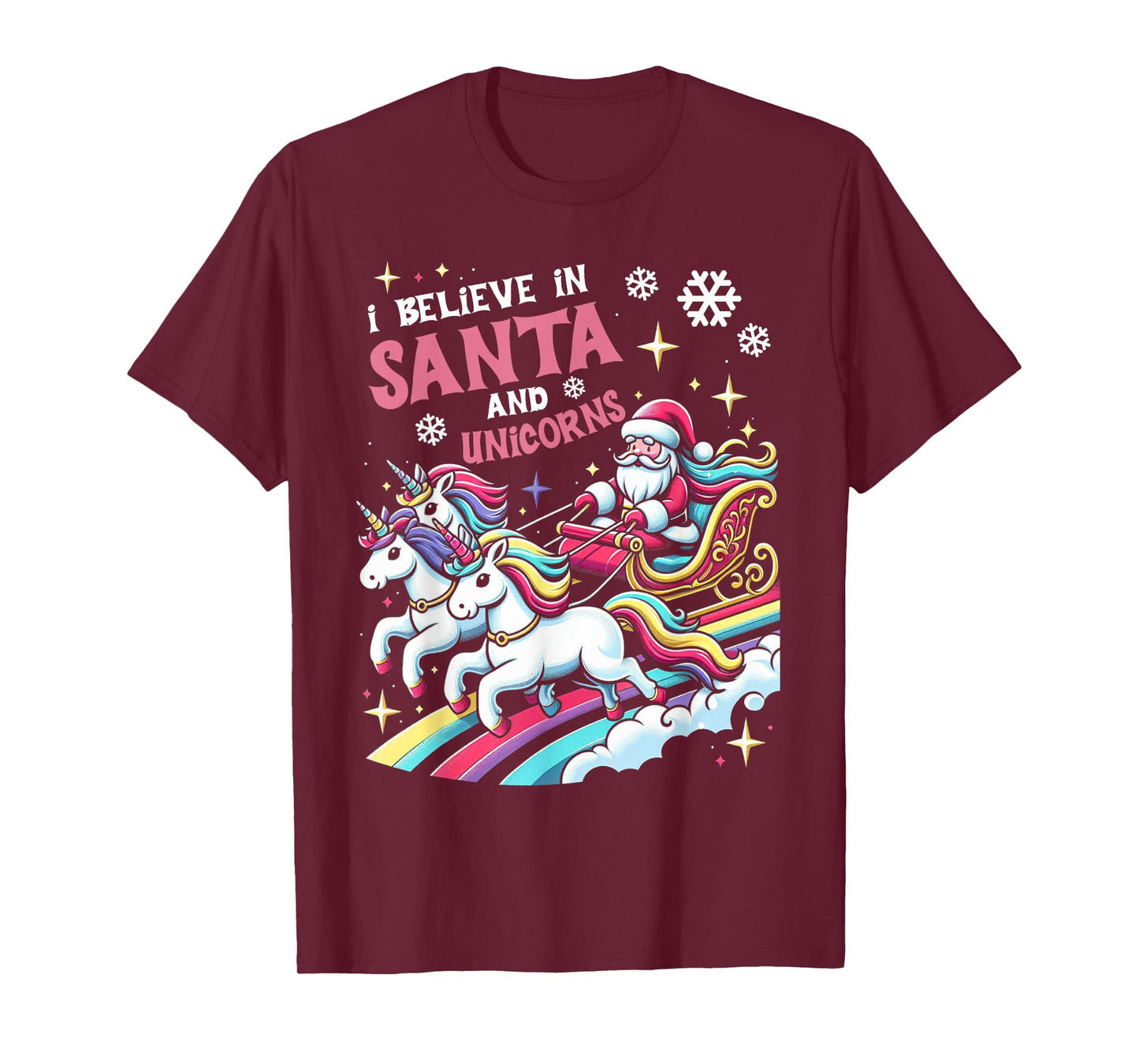 Christmas I Believe in Santa and Unicorns Funny Xmas Pajama T-Shirt