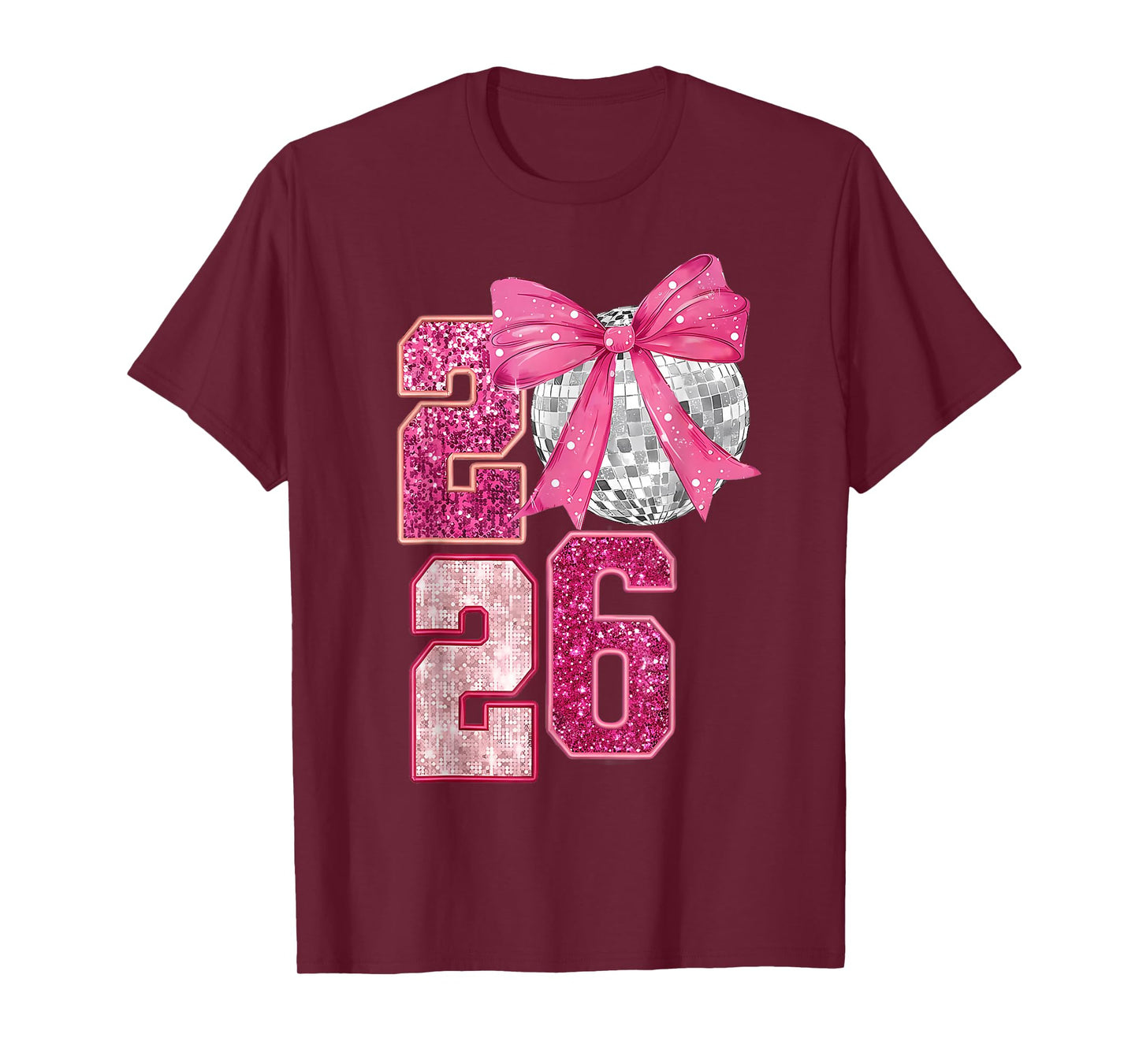Happy New Year 2026 Disco Ball Pink Coquette Bow Family T-Shirt