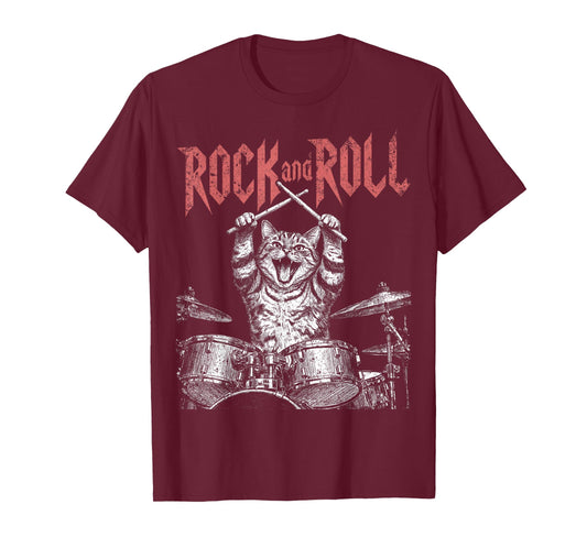 Rock N Roll Drummer Cat Retro Drumming Cat Vintage Music T-Shirt