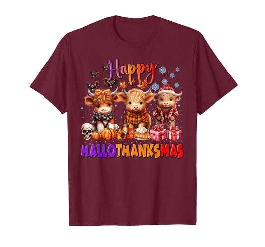 Hallothanksmas Highland Cow Halloween Thanksgiving Christmas T-Shirt