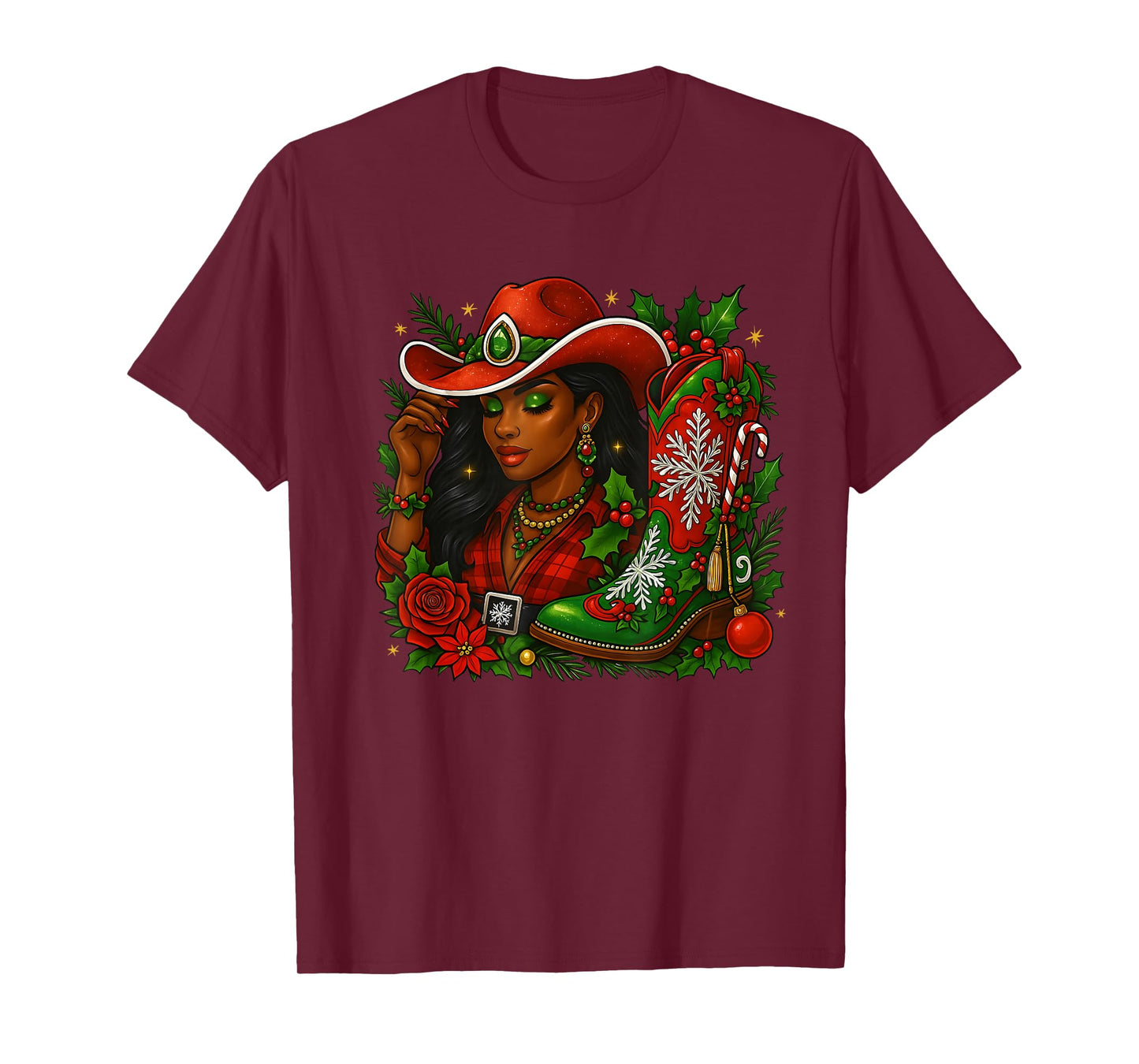 Black Melanin Cowgirl Christmas Boot Western Holiday T-Shirt