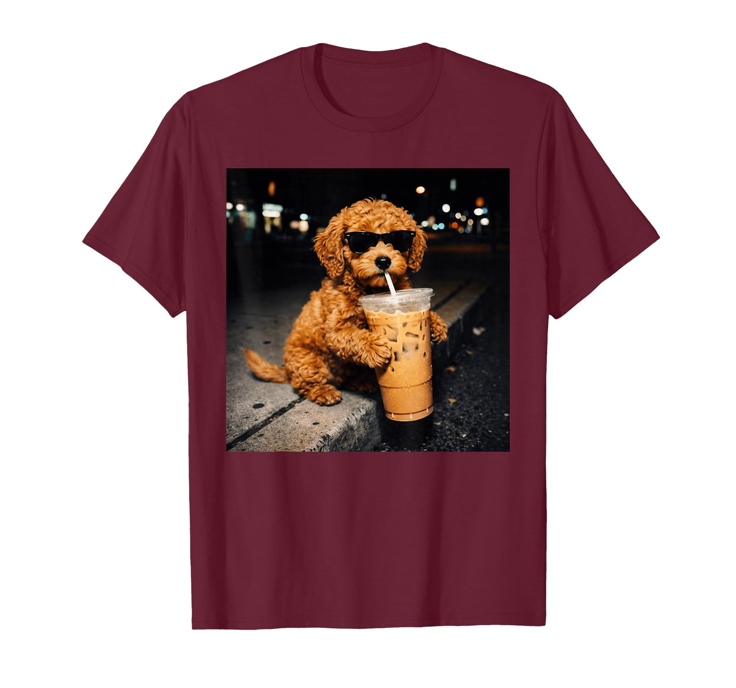 Funny Goldendoodle Drinking Iced Coffee Animal Meme Humor T-Shirt