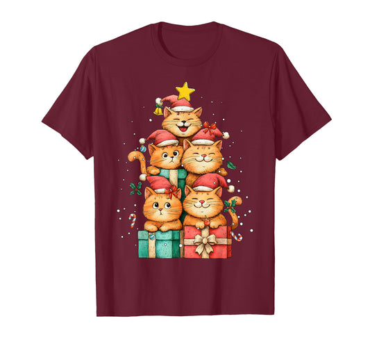 Cute Orange Cat Tabby Cat Christmas Tree Xmas Hat T-Shirt
