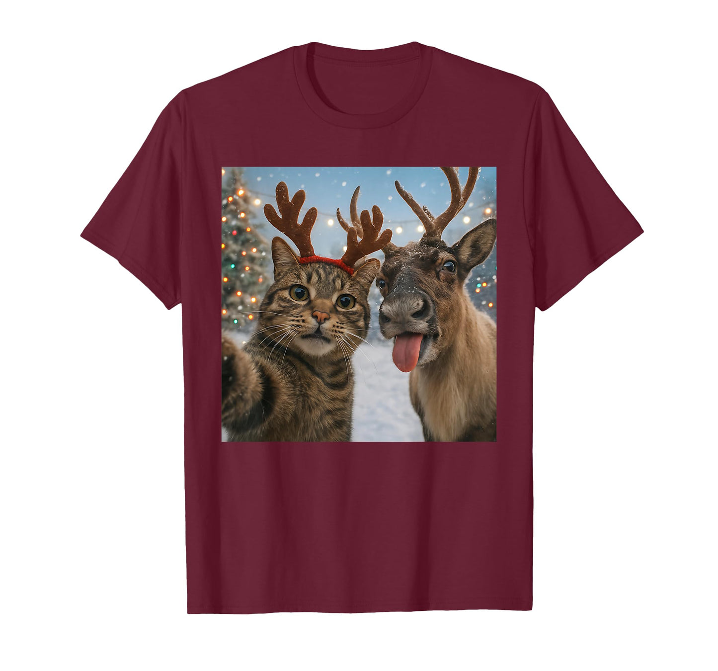 Funny Cat Selfie with Reindeer Christmas Holiday Meme T-Shirt