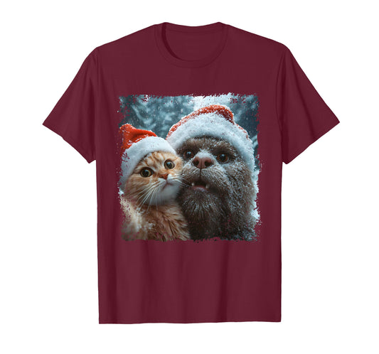 Funny Bigfoot and Cat Christmas Selfie Design T-Shirt