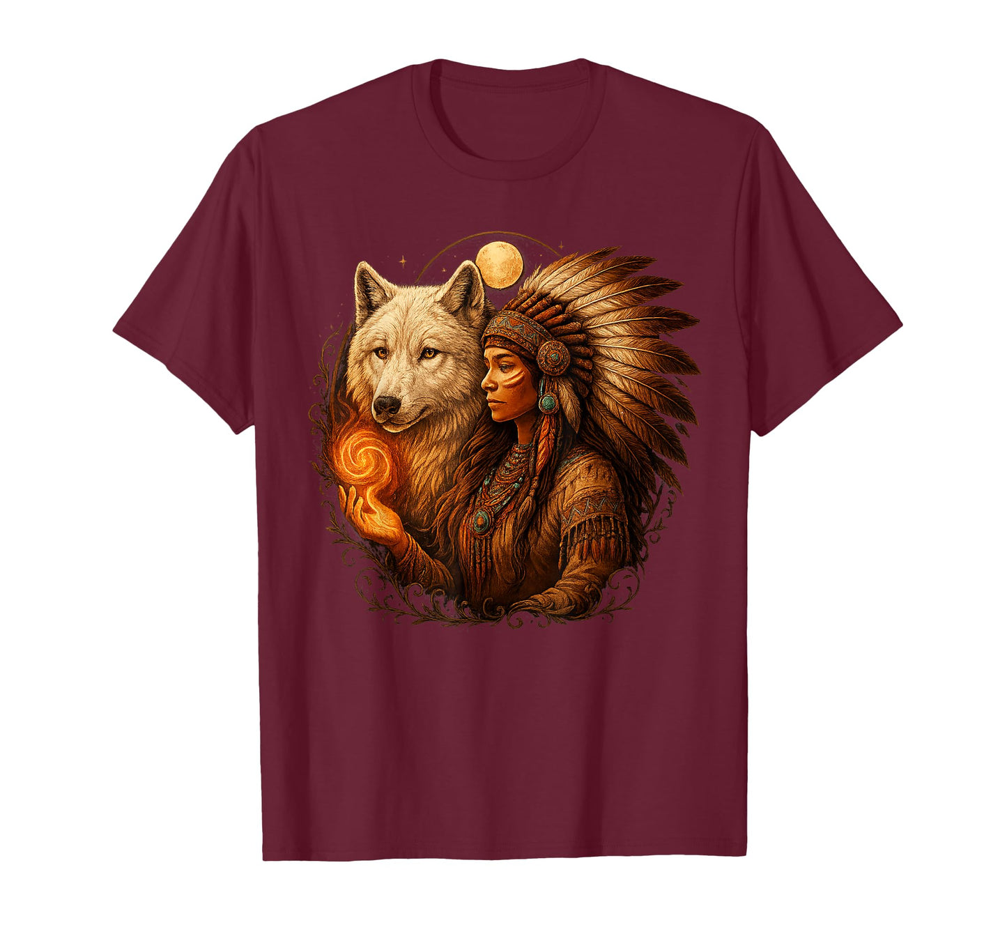 Indian Native American Woman with White Wolf Vitage Gifts T-Shirt