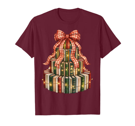 Coquette Christmas Book Tree Xmas Lights Librarian Teacher T-Shirt