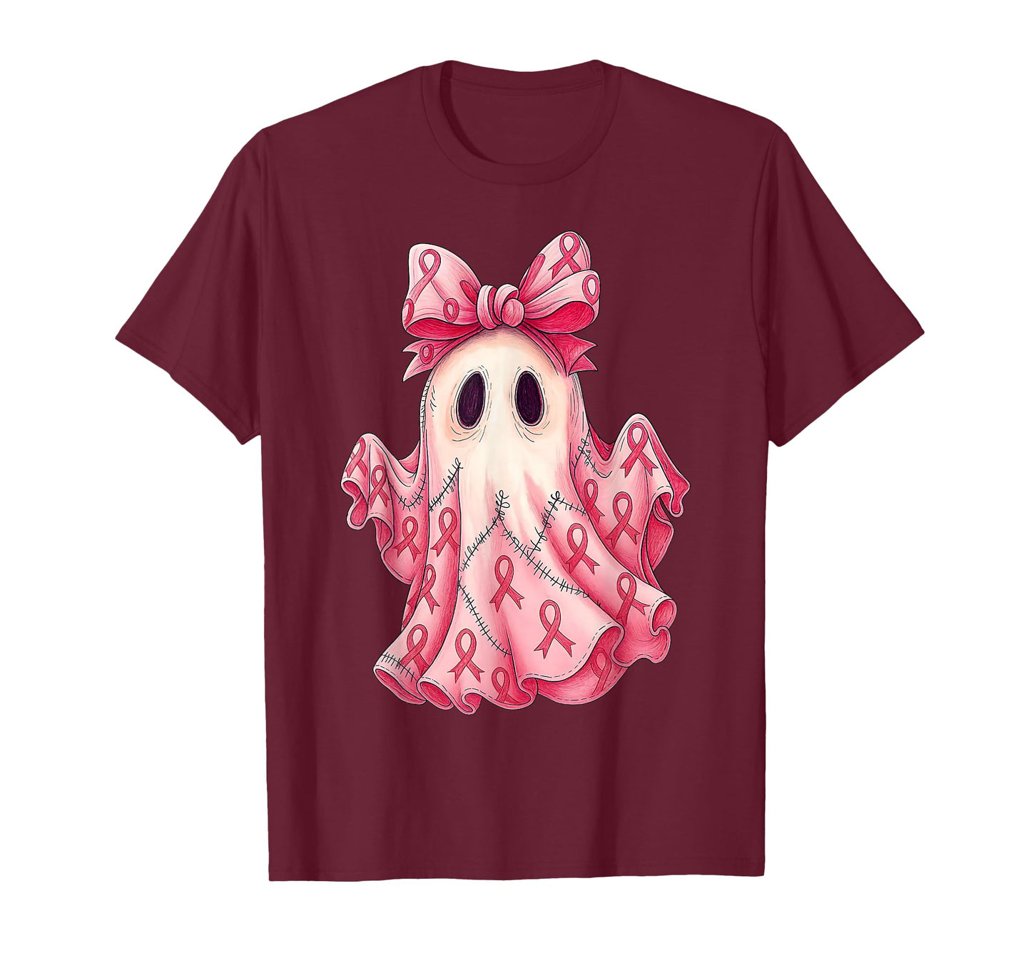 Cute Pink Ribbon Patchwork Ghost Breast Cancer Halloween T-Shirt